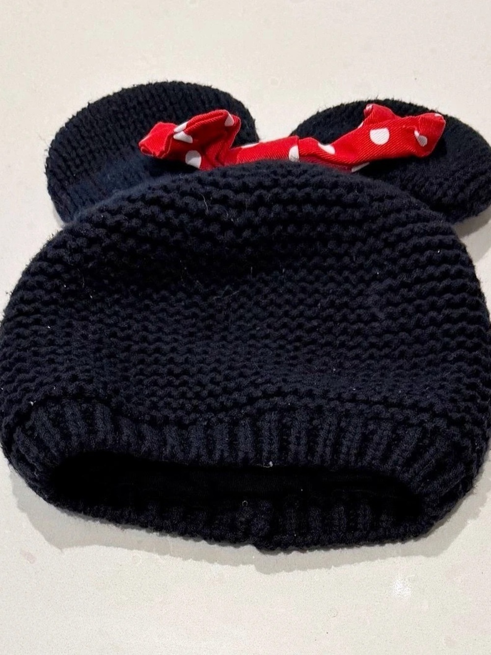 Disney Minnie Mouse 12-18m Knit Beanie Hat with Earflaps and Pom Poms Black & Re